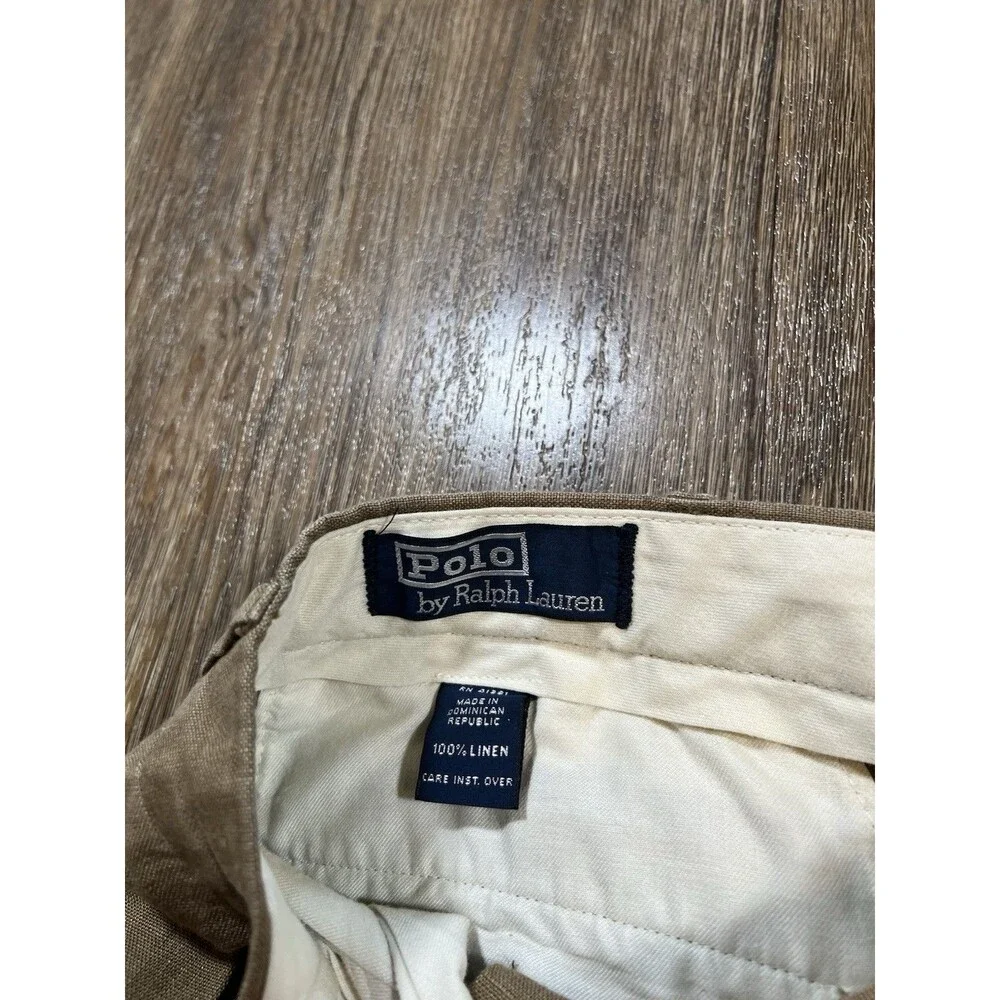 Vintage Polo Ralph Lauren Cuffed Pleated Trouser Pants Beige 100% Linen 36x30